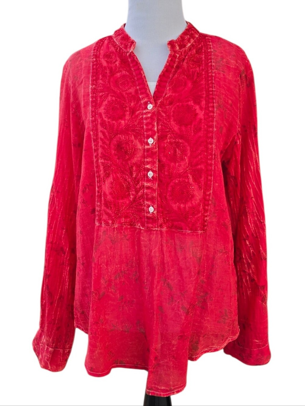 NU VINTAGE Distressed Embroidered Long Sleeve Blouse Red Size Medium